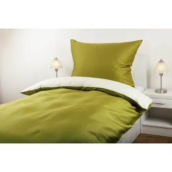 Povlečení JAN peří Povlečení bavlněný satén - kombinace zelená/krémová - Povlečení bavlněný satén - kombinace zelená/krémová - souprava povlečení 70x90 + 140x200