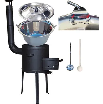 Kempingové nádobí Nerezový kotlík 20 L (1,2 mm) + kovová kotlina s vysokými nožičkami 42 cm + žáruvzdorná barva Plus 700 + poklice, vařečka a naběračka