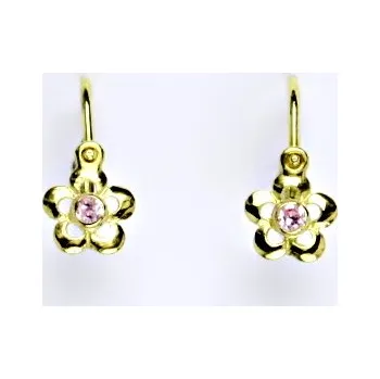 Náušnice Zlaté dětské náušnice kytička pink zirkon - NK1385 žluté zlato (Dětské zlaté náušnice kytičky se zirkonem)