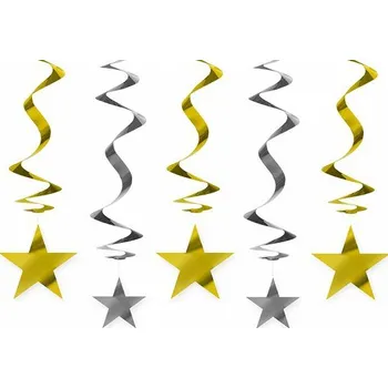 Party dekorace Zlaté a stříbrné hvězdy - spirálové závěsy