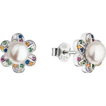 Šperk Stříbrné náušnice kytičky multi zirkony s bílou říční perlou 21071.3 multi