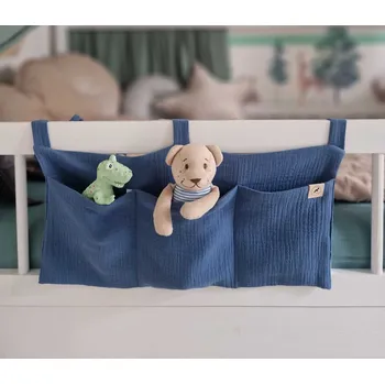 Příslušenství pro dětskou postel a kolébku Mušelínový kapsář/organizér na postýlku - 3 kapsy - OCELOVĚ MODRÝ (Kapsář na postýlku)