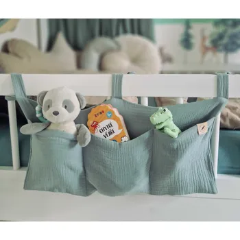 Příslušenství pro dětskou postel a kolébku Mušelínový kapsář/organizér na postýlku - 3 kapsy - OLIVOVÁ (Kapsář na postýlku)