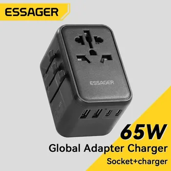 OEM Essager cestovní adaptér pro EU, UK a USA/AUS, 3xUSB-C, 2xUSB, GaN, PD 65W