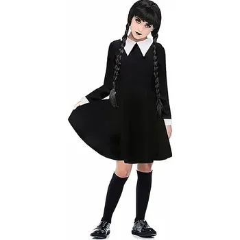 Karnevalový kostým Dětský kostým Wednesday Classic šaty s límečkem a parukou černé/bílé