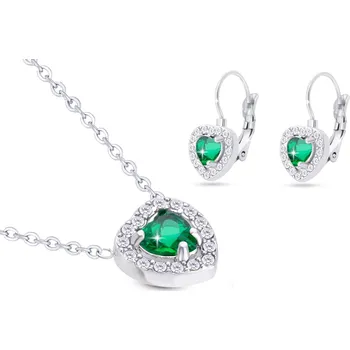 Souprava šperků Ellami VERONA 307 Set řetízek a visací náušnice, srdce osázené zeleným zirkonem Ellami