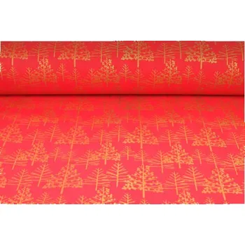 Plátno bavlněné, zlatotisk - stromečky na červené, metráž, látky