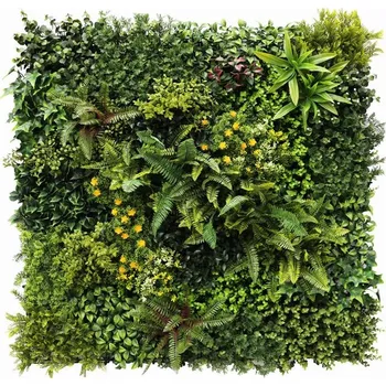 umělá květina ZELENÁ STĚNA kapradina a žluté květy, dílec 100 x 100 cm (Realistická zelená stěna mix květin o rozměru 100 x 100 cm)