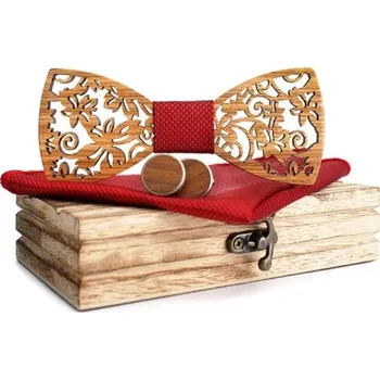 Motýlek Set dřevěného motýlku, kapesníčku a manžetových knoflíčků - Květ tmavý, červený