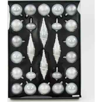 Vánoční ozdoba Plastová ozdoba - sada 26 kusů v krabici 46x34x6 cm - STŘÍBRNÁ
