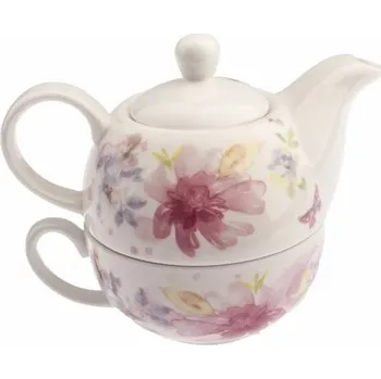 Konvice na čaj Porcelánová konvička se šálkem Flower, 400 ml, růžová