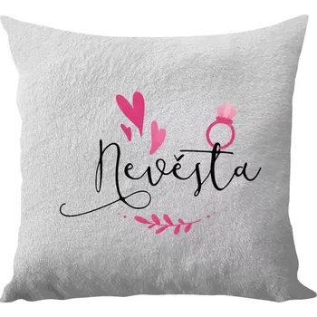 Polštář Polštář bílý 40x40 cm - dlouhý chlup Nevěsta - srdíčka a lístečky