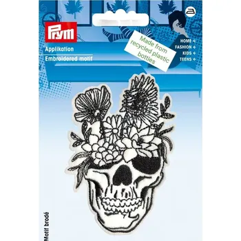 Nášivka PRYM Nášivka recyklovaná, lebka s květy, nažehlovací, černá/bílá