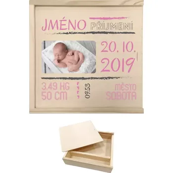 Dárková krabička Dřevěná krabička na fotografie Narození miminka 01