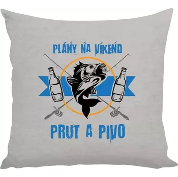 Polštář Polštář lněný 40x40 cm Plány na víkend - prut a pivo