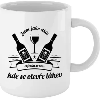 Hrnek pro milovníky alkoholu - Jsem jako džin, objevím se tam, kde se otevře lahev - bílý 330 ml