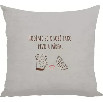 Polštář Polštář lněný 40x40 cm Hodíme se k sobě jako pivo a párek