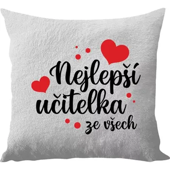 Polštář Polštář bílý 40x40 cm - dlouhý chlup Nejlepší učitelka ze všech - srdíčka