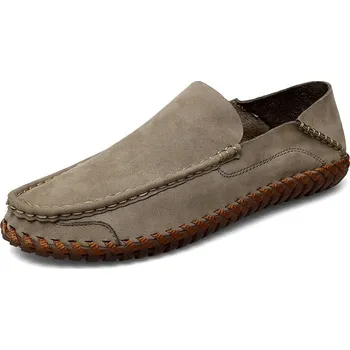 Pánské mokasíny Kožené a semišové loafers pánské prošívané mokasíny Barva: Khaki, Velikost: 47