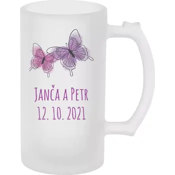Sklenice Půllitr na svatbu nebo rozlučku - Motýlci se jmény - matný