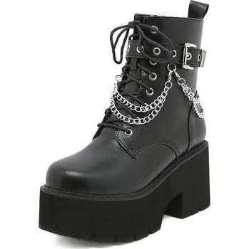 Dámské kozačky Motorkářské punk boty s chunky platformou a řetízky Barva: Černá, Velikost: 38
