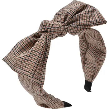 Čelenka Hnědá károvaná dámská čelenka do vlasů s mašlí