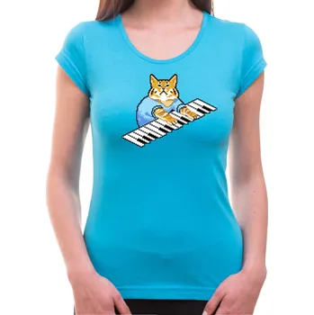 Pánská móda Tričko - Kočka a klavír, Barva látky tyrkysová modrá, Střih Dámsky, Velikost XXL