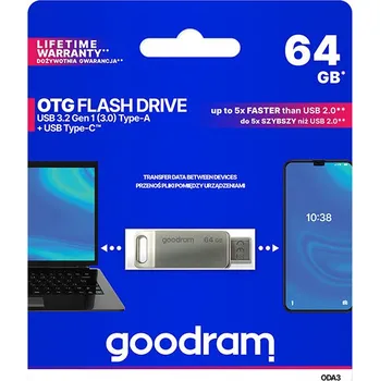 Ukládání dat 64GB Goodram ODA3, USB flash disk 3.0, USB + USB-C, stříbrný