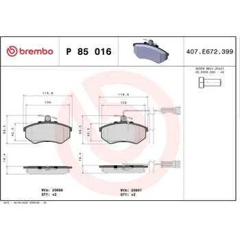 Brzdová destička Sada brzdových destiček, kotoučová brzda BREMBO P 85 016