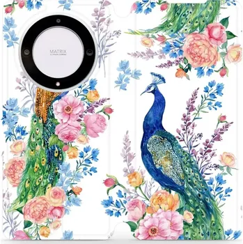 Pouzdro na mobilní telefon Flipové pouzdro Mobiwear - Honor Magic5 Lite 5G - MX08S Pávi (Knížkové flip pouzdro, obal, kryt na mobil Honor Magic5 Lite 5G - MX08S Pávi, materiál Umělá kůže + TPU - ochrana 360°, stojánek, silikonová vanička, magnetické zavírání)