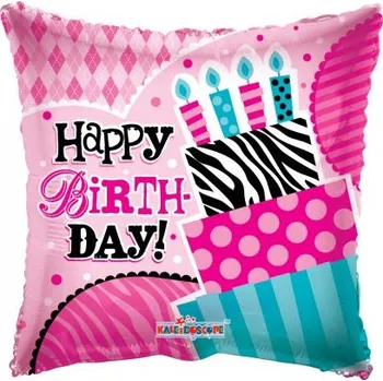 Balónek Foliový balonek polštář - růžový s dortem happy birthday - 46 cm