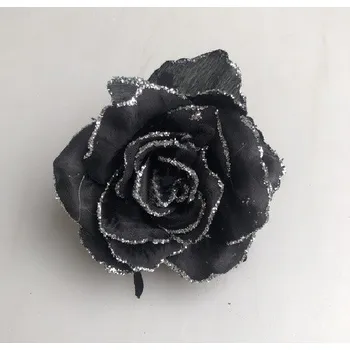 umělá květina Květ růže 9 cm, černá - stříbrný okraj