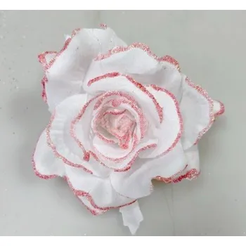 umělá květina Květ růže 9 cm, bílá - růžový okraj