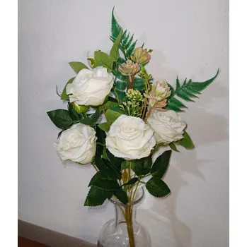 umělá květina Kytice růží, ležatá, 43 cm, bílá