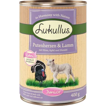 Krmivo pro psa 24x400g Lukullus Junior - krůtí srdce & jehněčí
