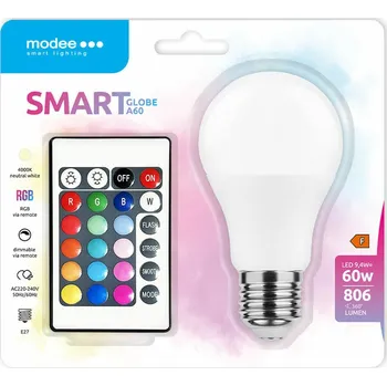 Žárovka Modee LED Smart Globe A60 9,4W E27 806lm, barevná RGB-W, dálkové ovládání (MSL-G9,4WE27RGB-R)