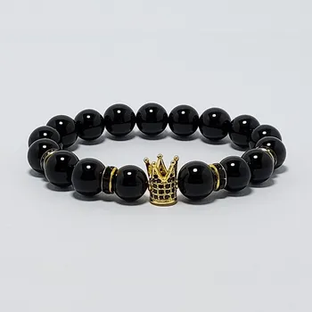 Náramek Damský náramek z minerálů 10 mm - černý onyx a mosaz s zirkóny (Micro Pave) Z10D16