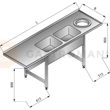 Nerezový dřez Stůl s dvoukomorovým dřezem a otvorem na odpadky vpravo, 2300x700x900 mm | LOZAMET, LO354/P