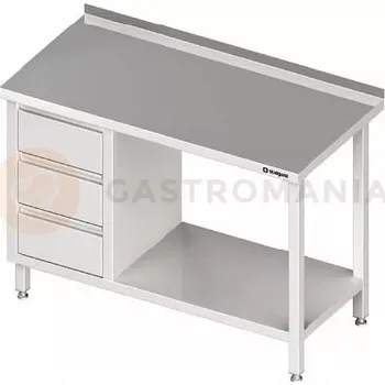 Kuchyňská linka Stůl nerezový přístěnný s blokem se třemi zásuvkami na levé straně s policí 1000x700x850 mm | STALGAST, 980387100