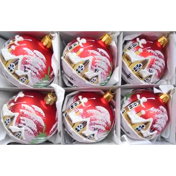 Vánoční ozdoba Vánoční ozdoby - sada koule 8cm, 6ks červený mat, dekor zimní vesnice