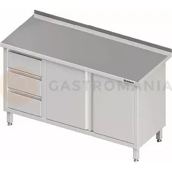 Kuchyňská linka Stůl nerezový přístěnný s blokem se třemi zásuvkami na levé straně a se skříňkou s křídlovými dvířky 1400x700x850 mm | STALGAST, 980447140