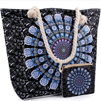 Kabelka Letní / plážová taška mandala s taštičkou 39x50 cm - 9 černá modrá