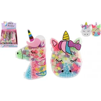 Dětské navlékací korálky Korálky plastové barevné 2 druhy v plastové krabičce tvaru hlavy jednorožce 10x15cm