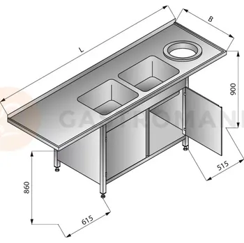 Nerezový dřez Stůl s dvoukomorovým dřezem a otvorem na odpadky a skříňkou, vpravo, 2300x700x900 mm | LOZAMET, LO356/P