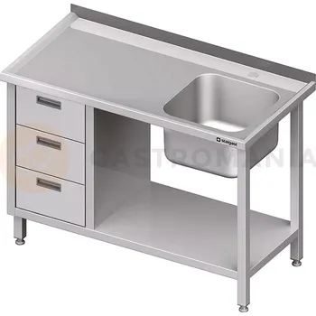 Nerezový dřez Pracovní stůl s dřezem na pravé straně, segmentem s 3 zásuvkami a policí 1600x700x850 mm | STALGAST, 982367160