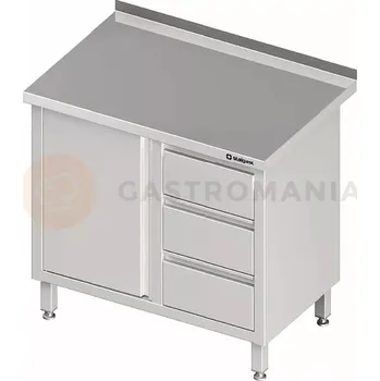 Kuchyňská linka Stůl nerezový přístěnný s blokem se třemi zásuvkami na pravé straně a se skříňkou s křídlovými dvířky 900x600x850 mm | STALGAST, 980436090