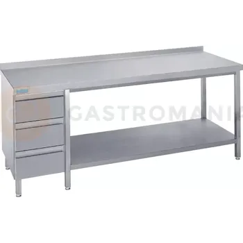 Nerezový dřez Pracovní stůl 1600x700x900 mm, police, 3 šuplíky, pracovní deska se zadním lemem | RILLING, ATZ 0716C S3L0