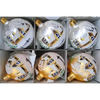 Vánoční ozdoba Vánoční ozdoby - sada, koule 8cm, 6ks zlato-stříbrný mat, dekor zimní vesnice