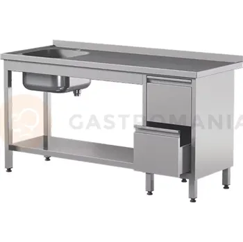 Nerezový dřez Přístěnný nerezový stůl s poličkou, dřezem a dvěma zásuvkami 2000x600x850 mm | ASBER, STW-206/1-PL-L-2DR-S