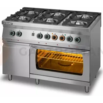 Sporák Plynový sporák se 6 hořáky a elektrickou troubou GN 2/1 a skříňkou, 1200x700x900 mm | LOZAMET, L700.KG6-PE+SD